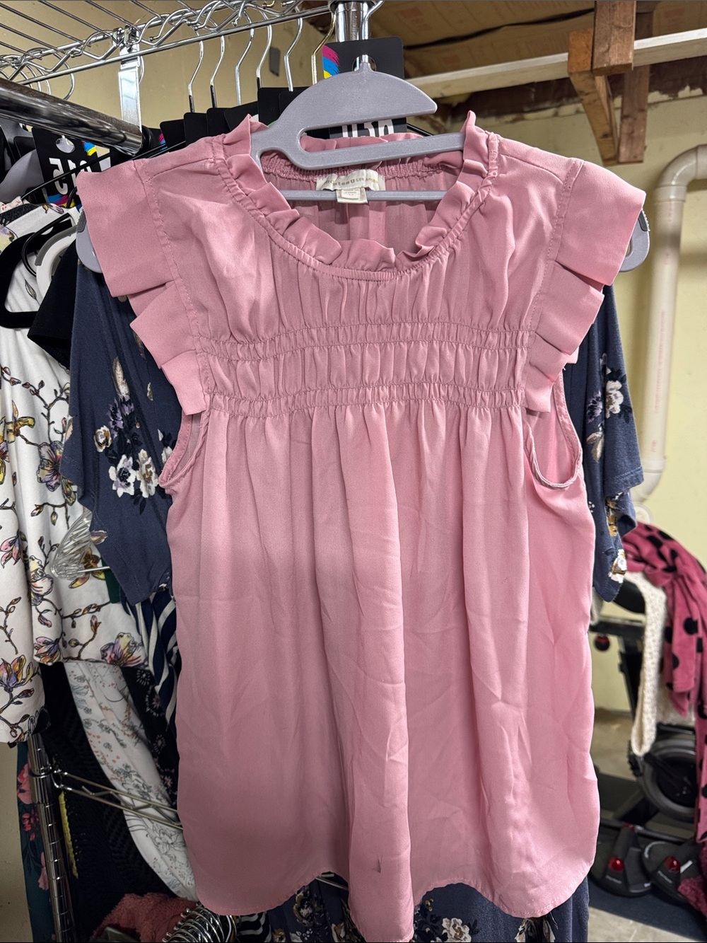 Monteau Dusty Pink Ruffle Sleeve Smocked Blouse
